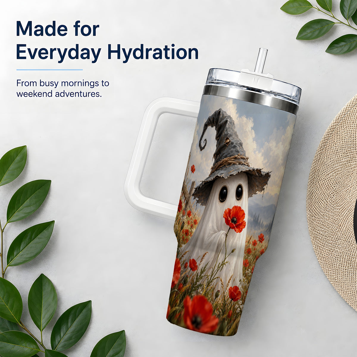 Witch Hat Ghost 40oz Tumbler, Poppy Meadow Halloween Artwork