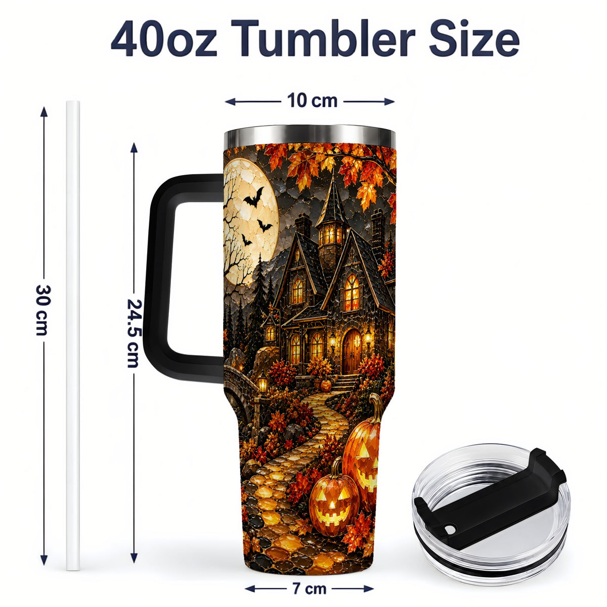 #pl[40oz|Black] Moonlit Gothic House 40oz Tumbler, Halloween Autumn Artwork