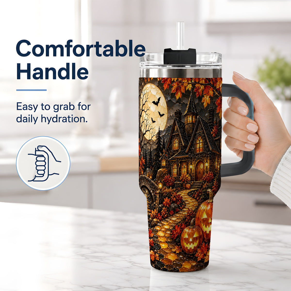 #pl[40oz|Black] Moonlit Gothic House 40oz Tumbler, Halloween Autumn Artwork