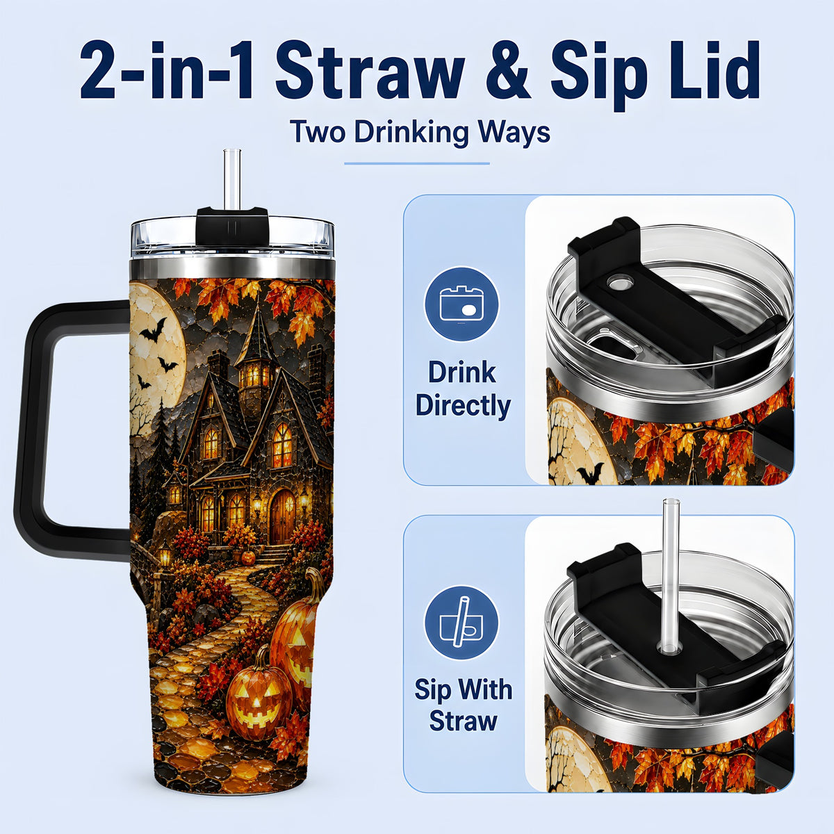 #pl[40oz|Black] Moonlit Gothic House 40oz Tumbler, Halloween Autumn Artwork