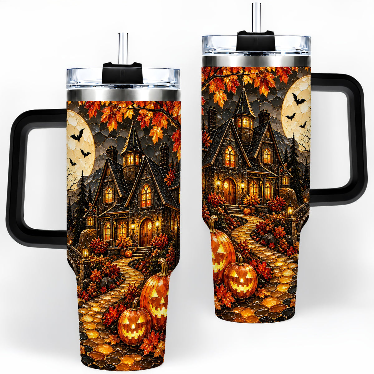 #pl[40oz|Black] Moonlit Gothic House 40oz Tumbler, Halloween Autumn Artwork