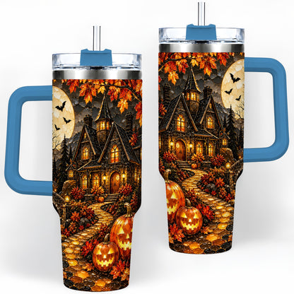 #pl[40oz|Blue] Moonlit Gothic House 40oz Tumbler, Halloween Autumn Artwork