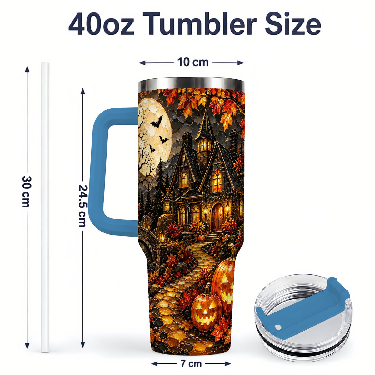 #pl[40oz|Blue] Moonlit Gothic House 40oz Tumbler, Halloween Autumn Artwork