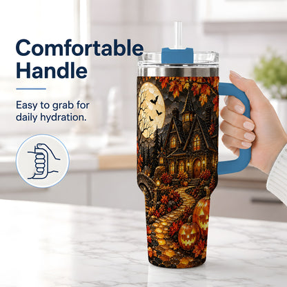 #pl[40oz|Blue] Moonlit Gothic House 40oz Tumbler, Halloween Autumn Artwork