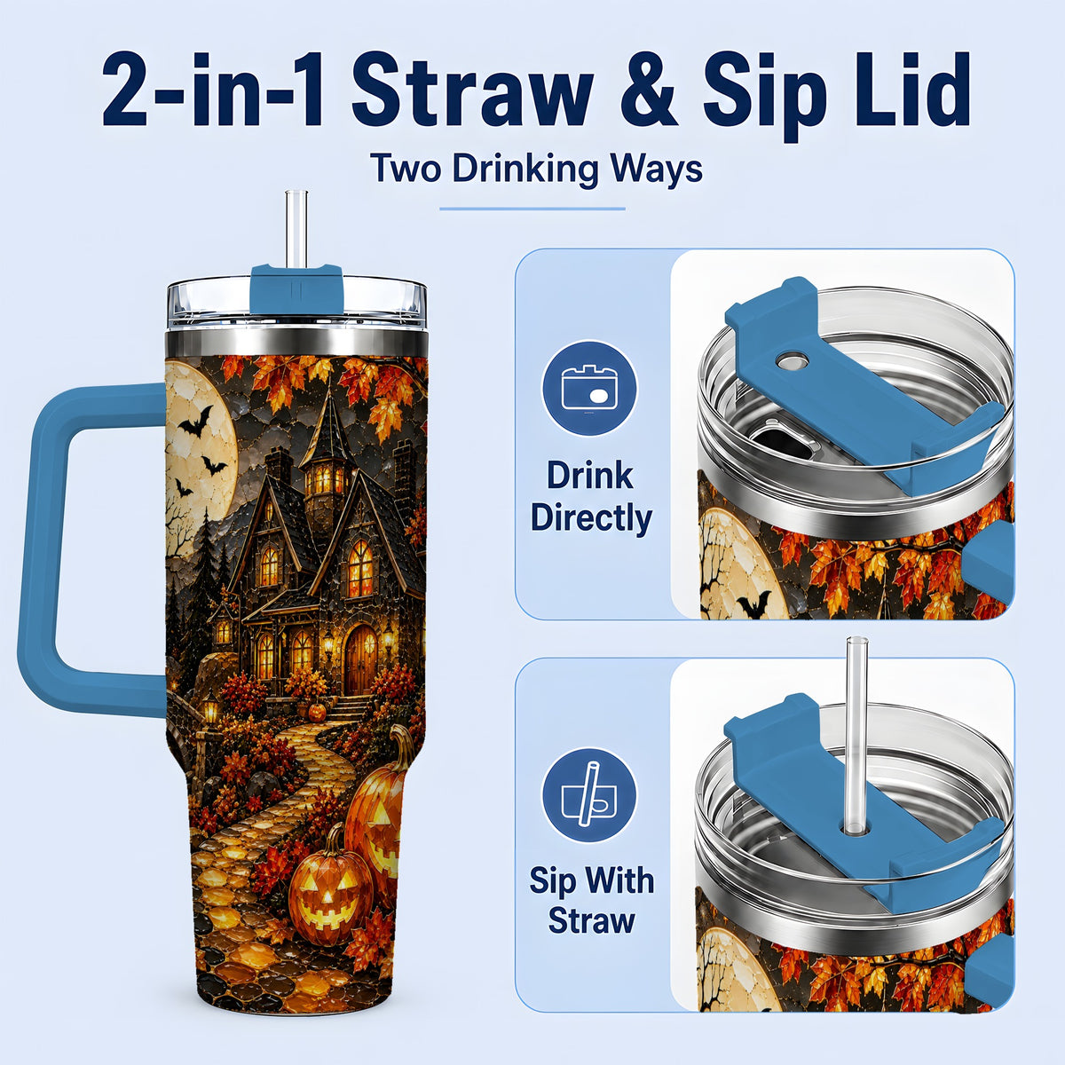 #pl[40oz|Blue] Moonlit Gothic House 40oz Tumbler, Halloween Autumn Artwork