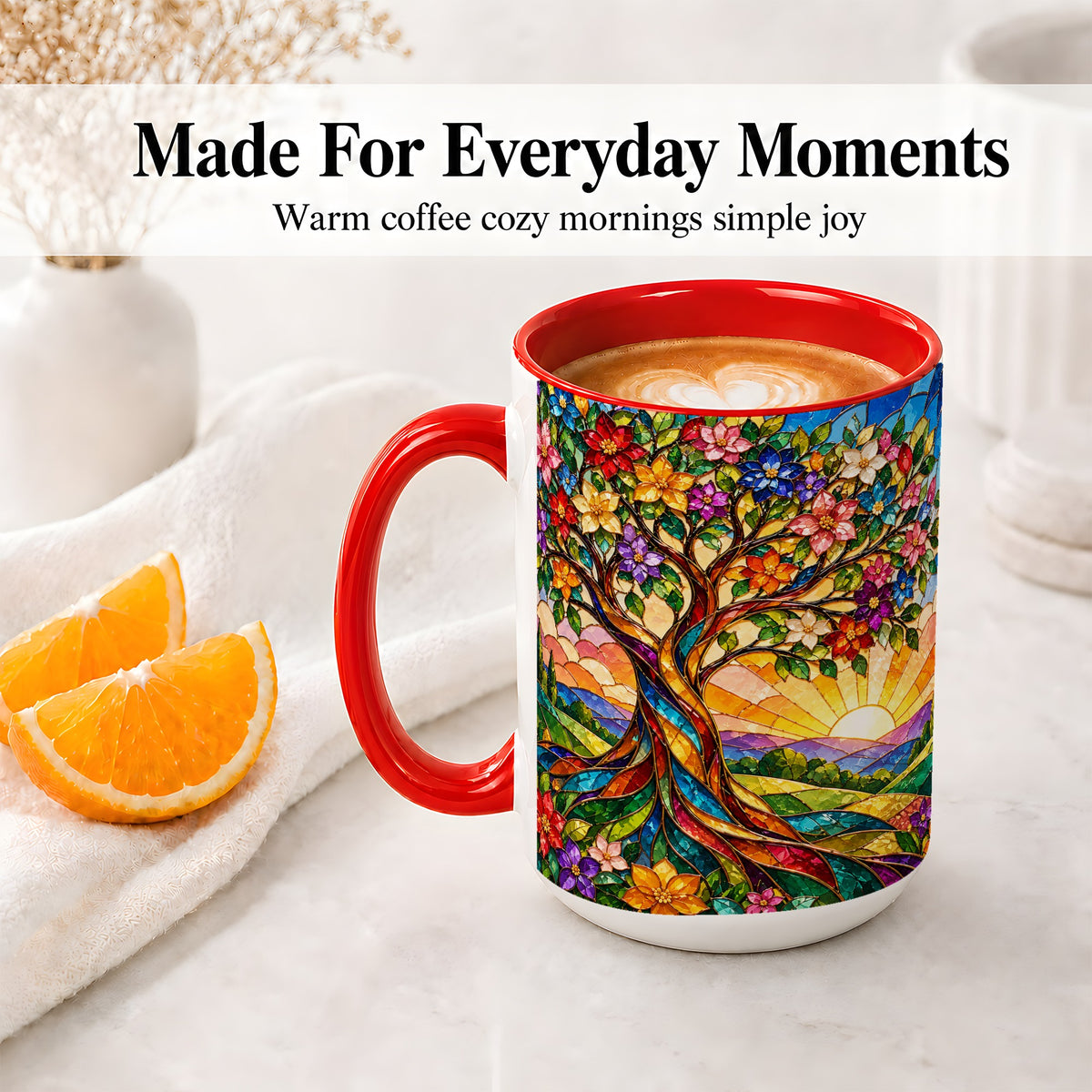 #pl[15oz|Red] Colorful Floral Tree Ceramic Mug, Stained Glass Style Artwork