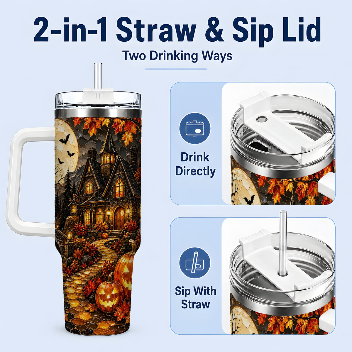 #pl[40oz|White] Moonlit Gothic House 40oz Tumbler, Halloween Autumn Artwork