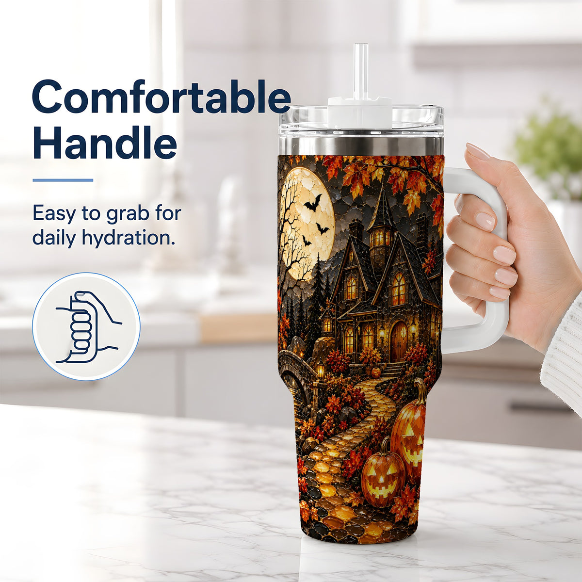 #pl[40oz|White] Moonlit Gothic House 40oz Tumbler, Halloween Autumn Artwork