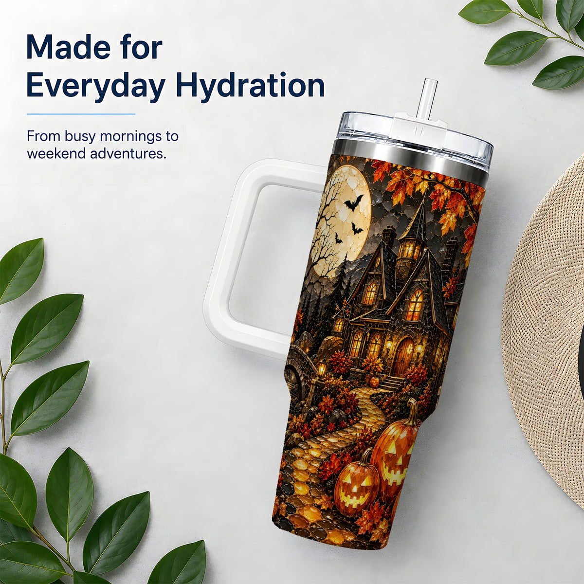 Moonlit Gothic House 40oz Tumbler, Halloween Autumn Artwork