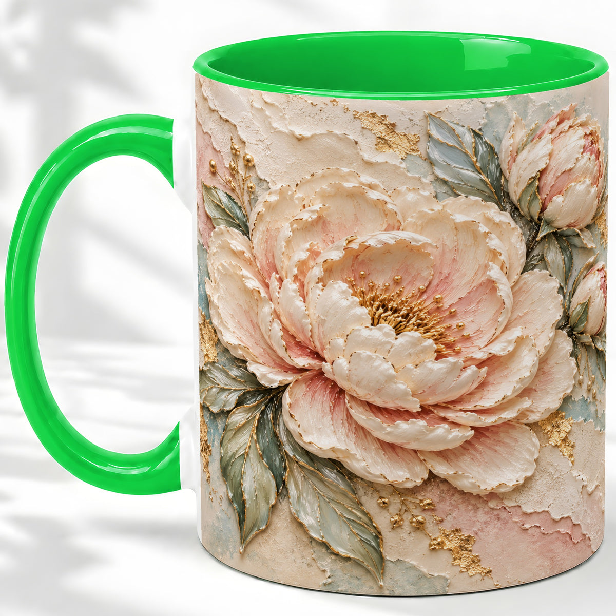 #pl[11oz|Green] Blush Peony Ceramic Mug, Soft Floral Gold-Tone Artwork