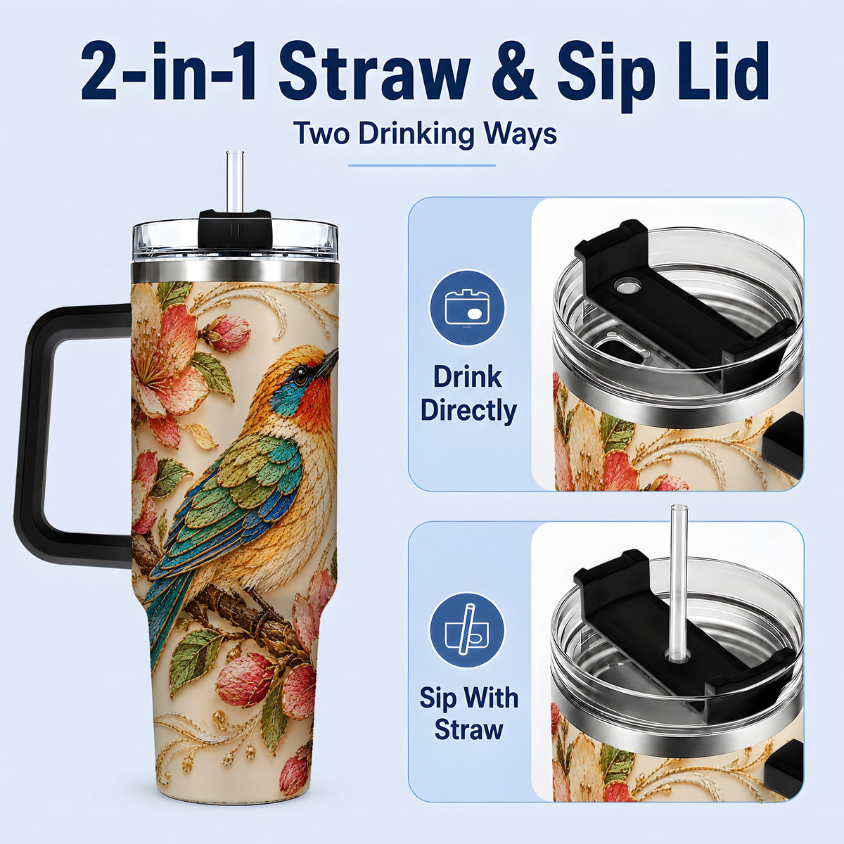 #pl[40oz|Black] Floral Bird 40oz Tumbler, Blossom Nature Design for Everyday Drinks