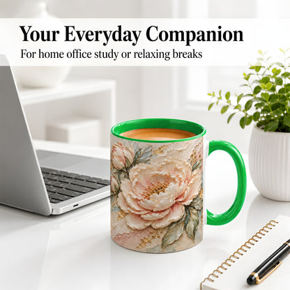 #pl[11oz|Green] Blush Peony Ceramic Mug, Soft Floral Gold-Tone Artwork