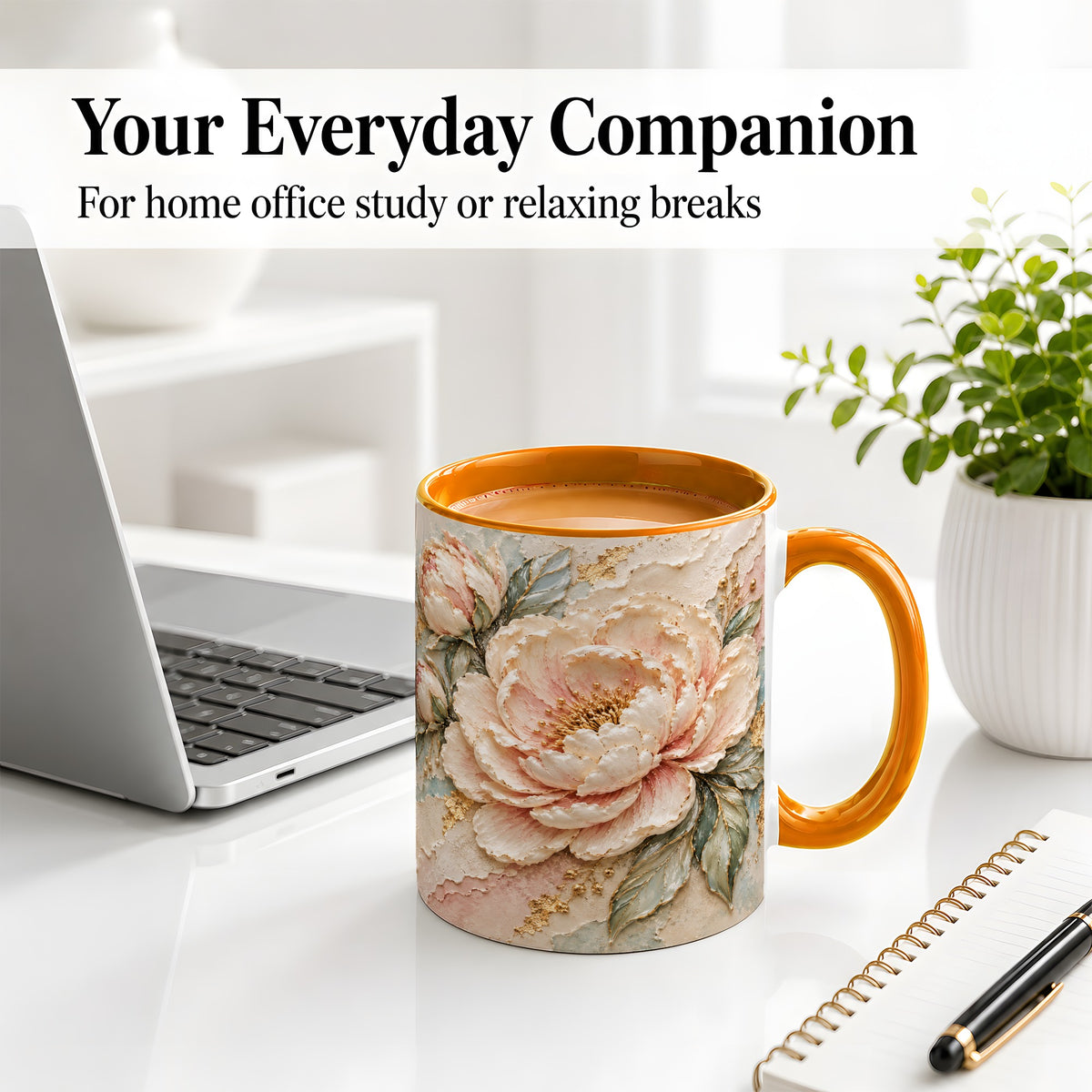 #pl[11oz|Orange] Blush Peony Ceramic Mug, Soft Floral Gold-Tone Artwork