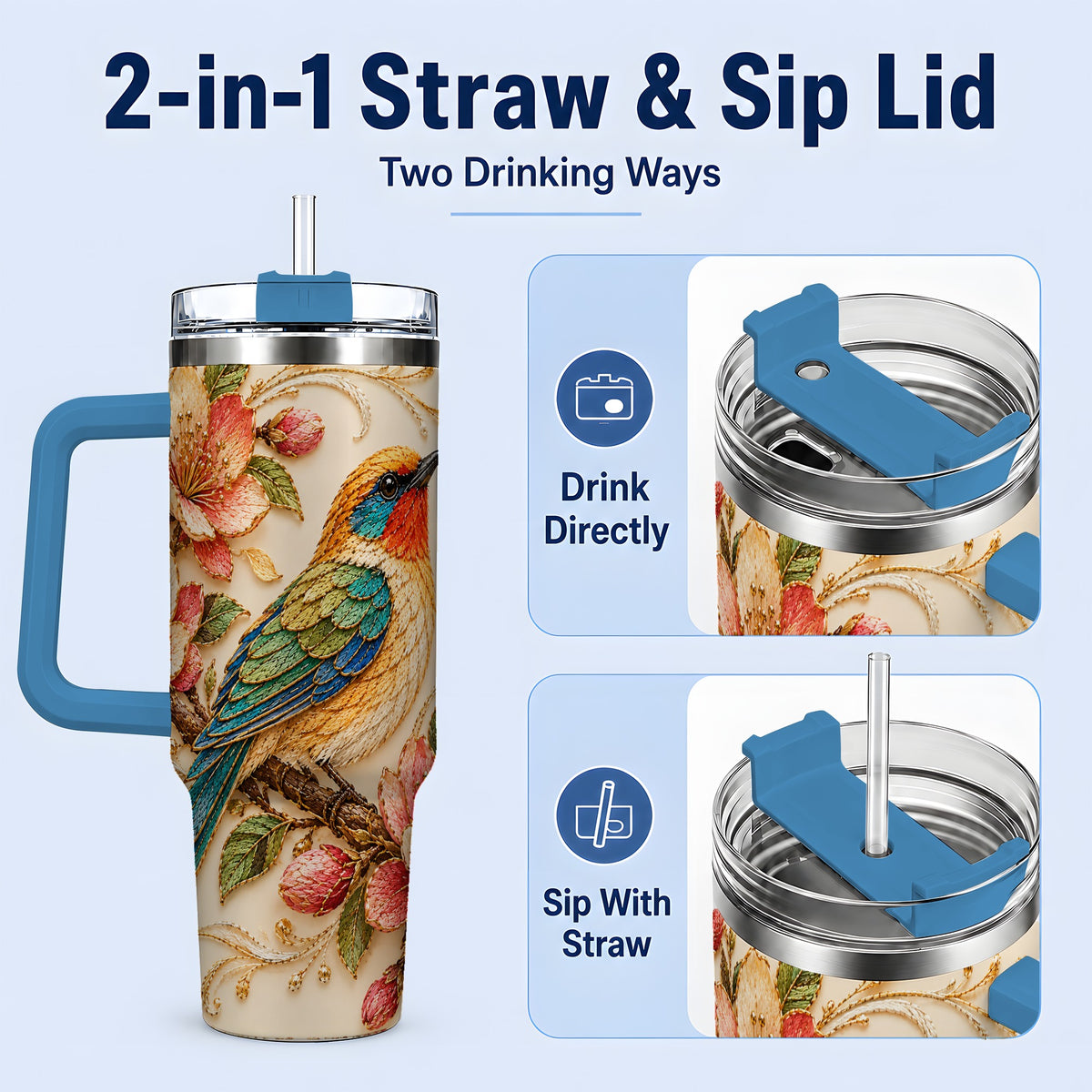 #pl[40oz|Blue] Floral Bird 40oz Tumbler, Blossom Nature Design for Everyday Drinks