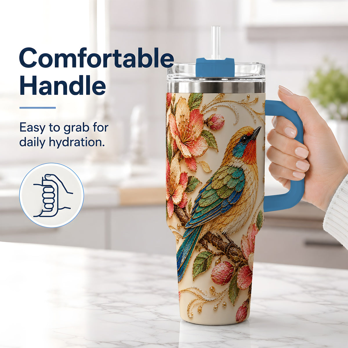 #pl[40oz|Blue] Floral Bird 40oz Tumbler, Blossom Nature Design for Everyday Drinks