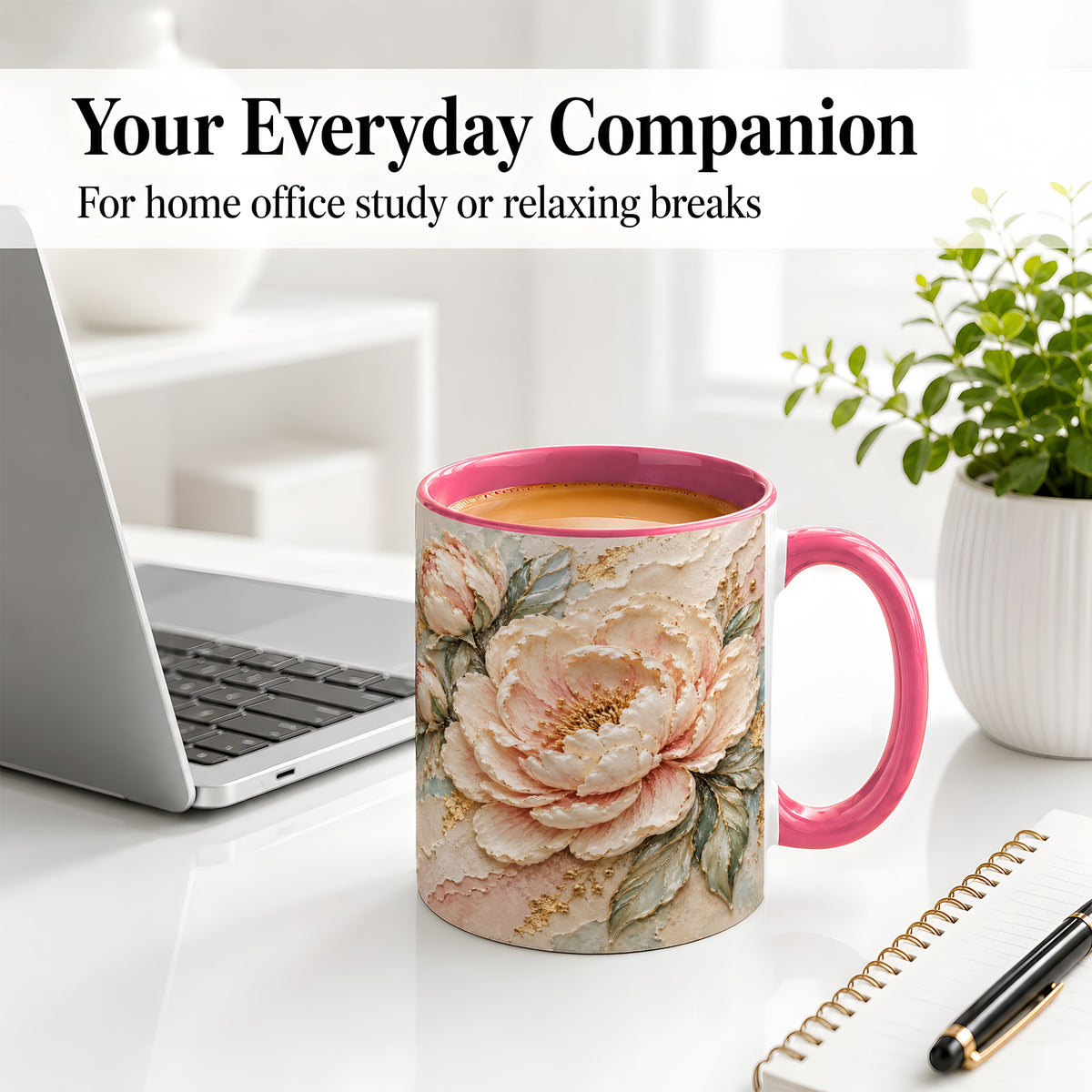 #pl[11oz|Pink] Blush Peony Ceramic Mug, Soft Floral Gold-Tone Artwork