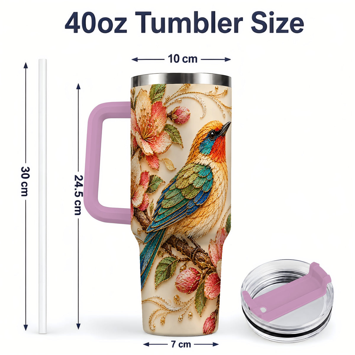 #pl[40oz|Pink] Floral Bird 40oz Tumbler, Blossom Nature Design for Everyday Drinks