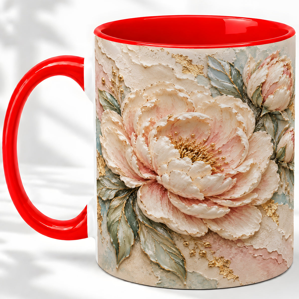 Blush Peony Ceramic Mug, Soft Floral Gold-Tone Artwork