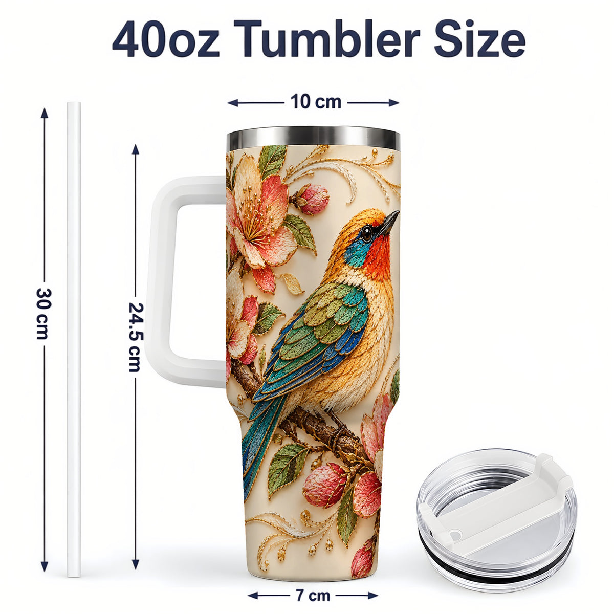 #pl[40oz|White] Floral Bird 40oz Tumbler, Blossom Nature Design for Everyday Drinks