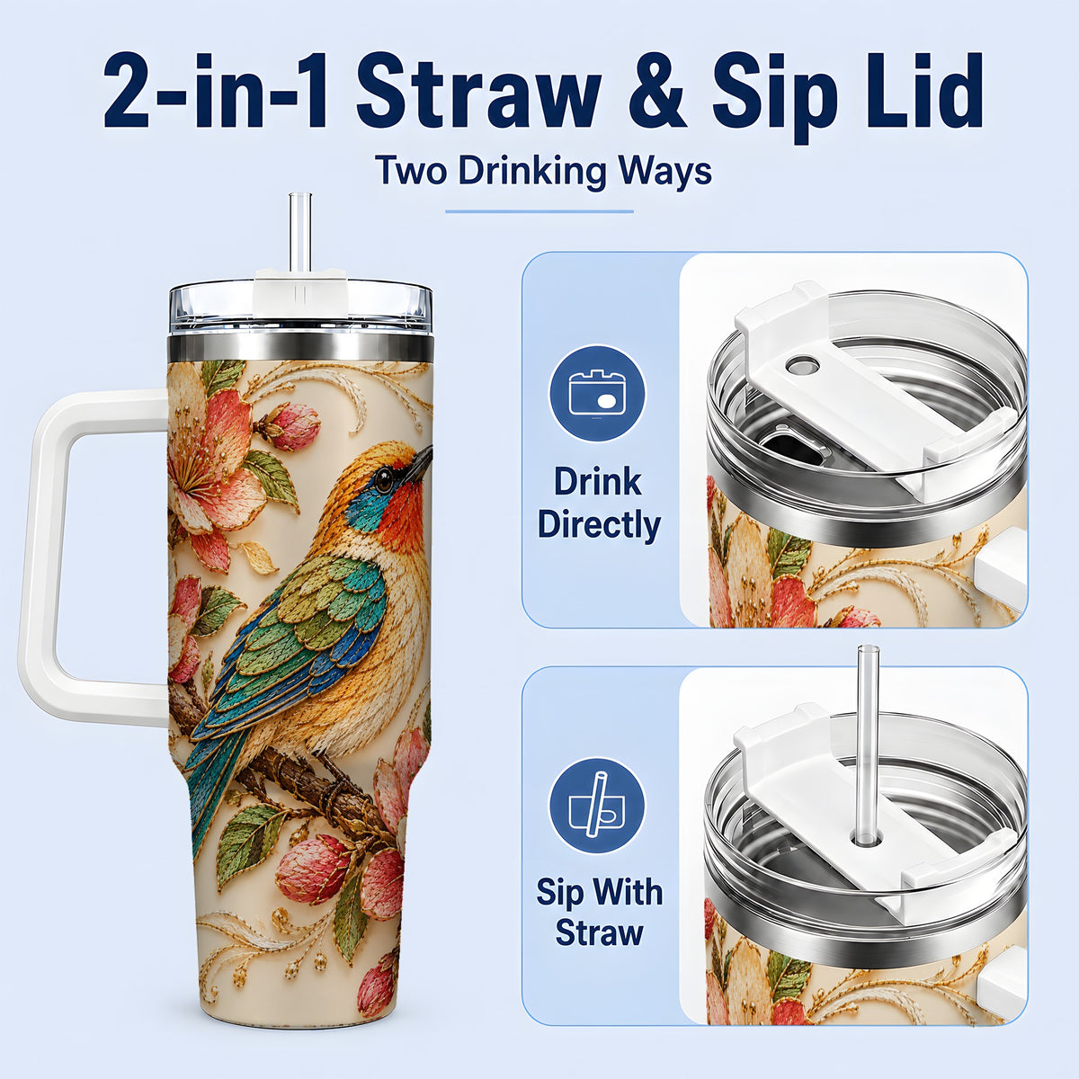 #pl[40oz|White] Floral Bird 40oz Tumbler, Blossom Nature Design for Everyday Drinks