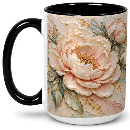 #pl[15oz|Black] Blush Peony Ceramic Mug, Soft Floral Gold-Tone Artwork