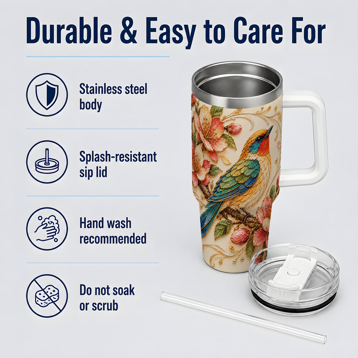 Floral Bird 40oz Tumbler, Blossom Nature Design for Everyday Drinks