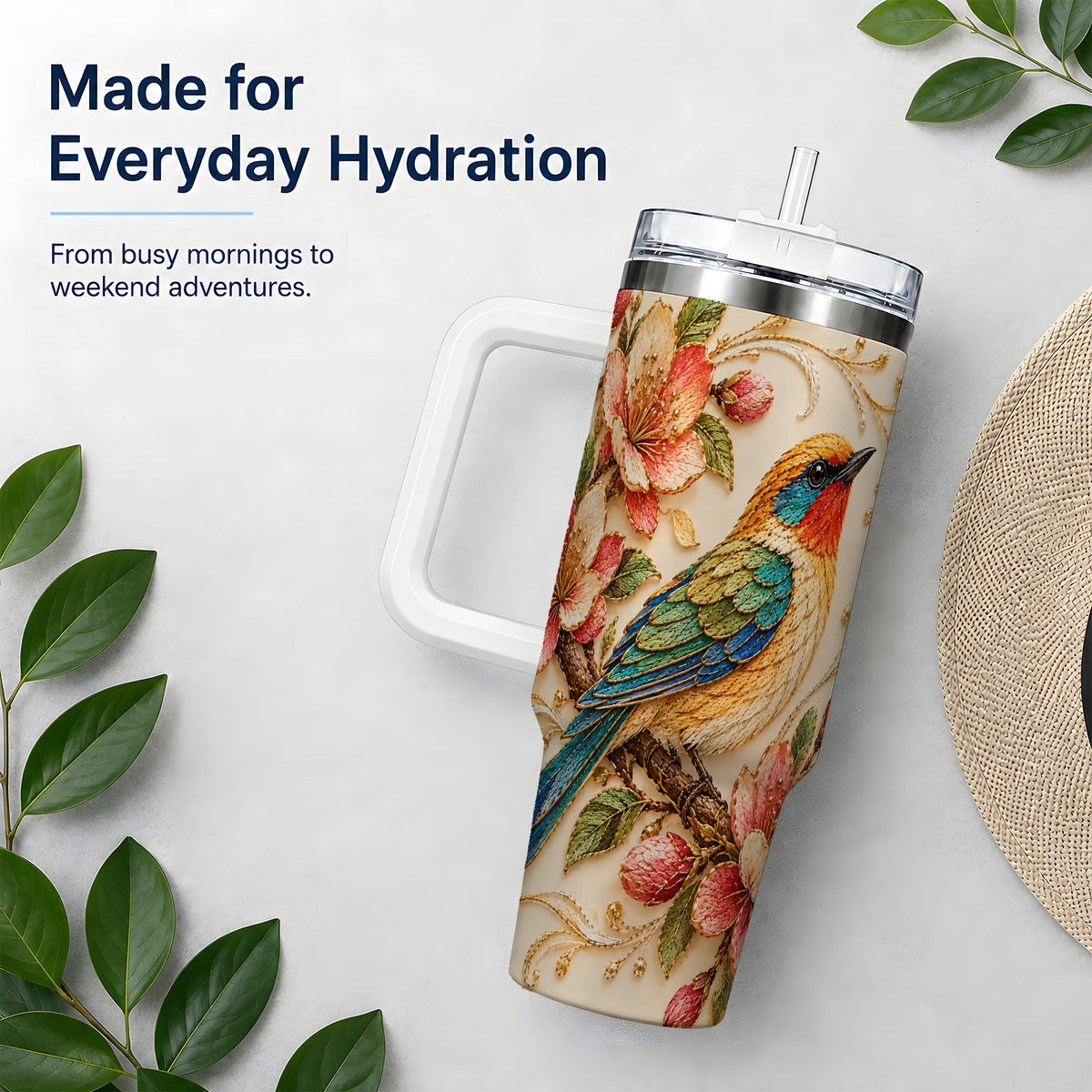 Floral Bird 40oz Tumbler, Blossom Nature Design for Everyday Drinks