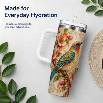 Floral Bird 40oz Tumbler, Blossom Nature Design for Everyday Drinks