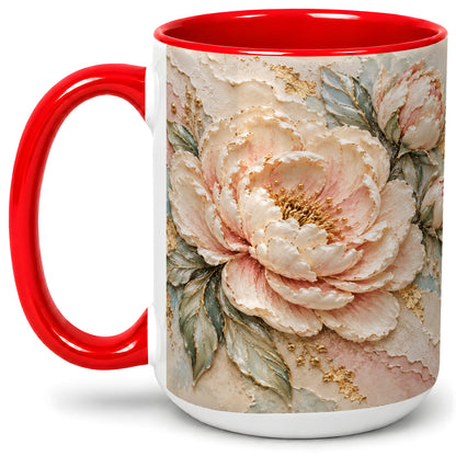 #pl[15oz|Red] Blush Peony Ceramic Mug, Soft Floral Gold-Tone Artwork