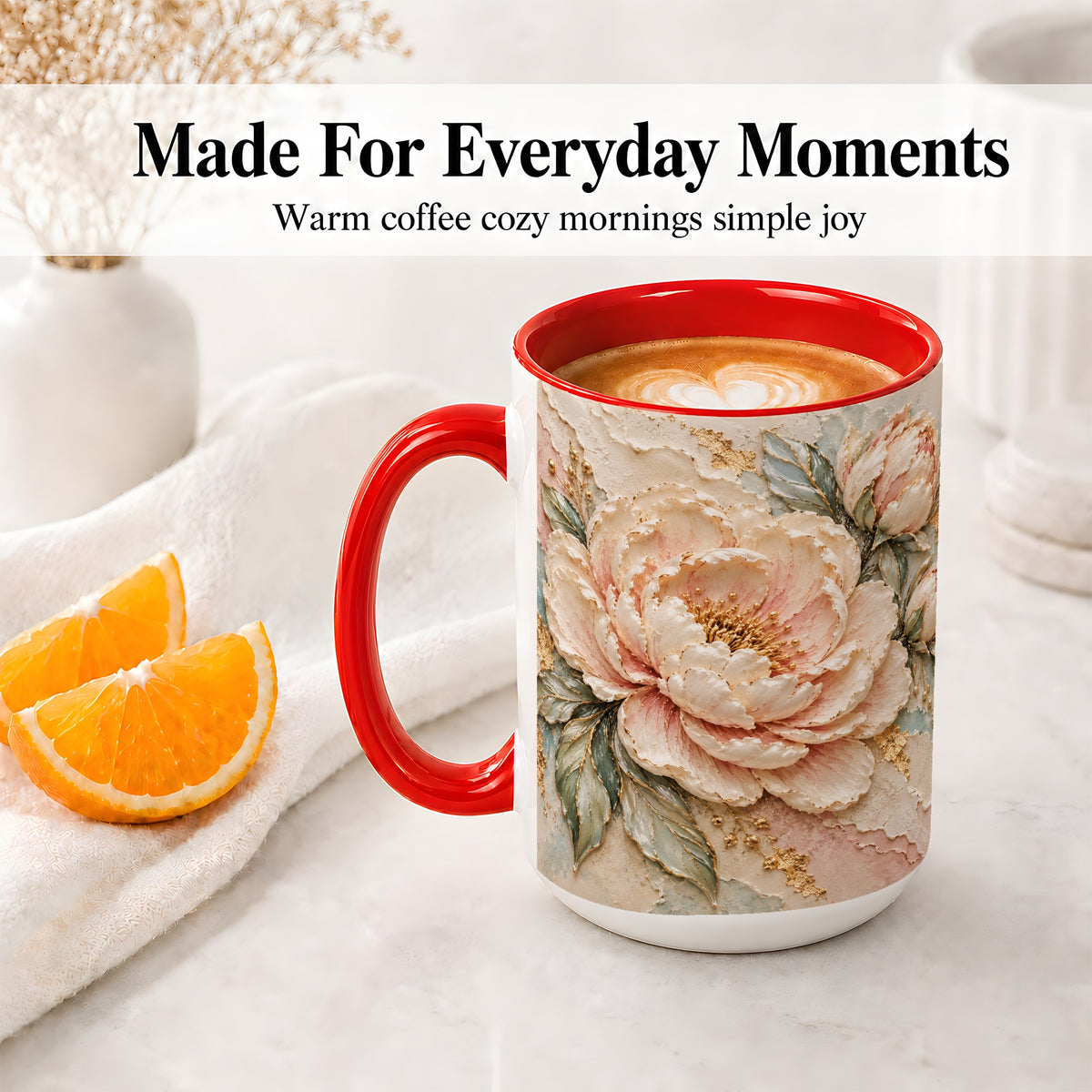 #pl[15oz|Red] Blush Peony Ceramic Mug, Soft Floral Gold-Tone Artwork