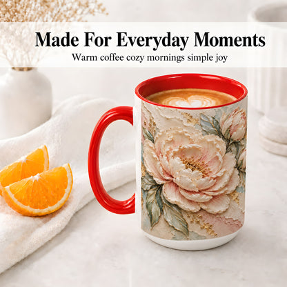 #pl[15oz|Red] Blush Peony Ceramic Mug, Soft Floral Gold-Tone Artwork