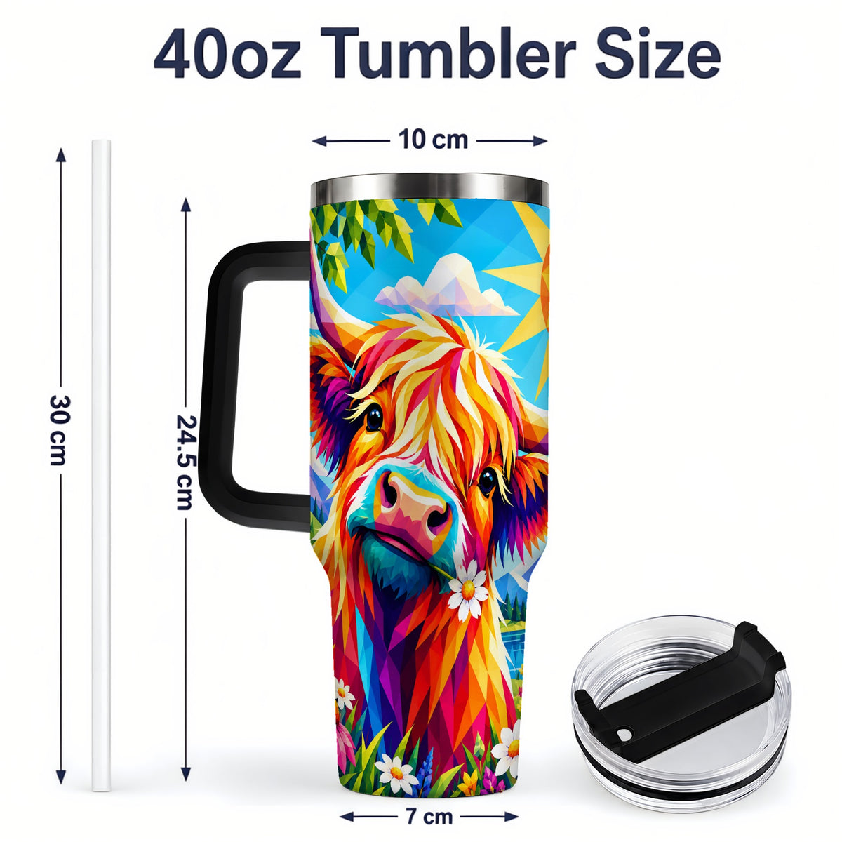 #pl[40oz|Black] Colorful Highland Cow 40oz Tumbler, Alpine Floral Farm Animal Art
