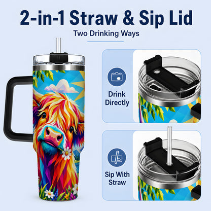 #pl[40oz|Black] Colorful Highland Cow 40oz Tumbler, Alpine Floral Farm Animal Art