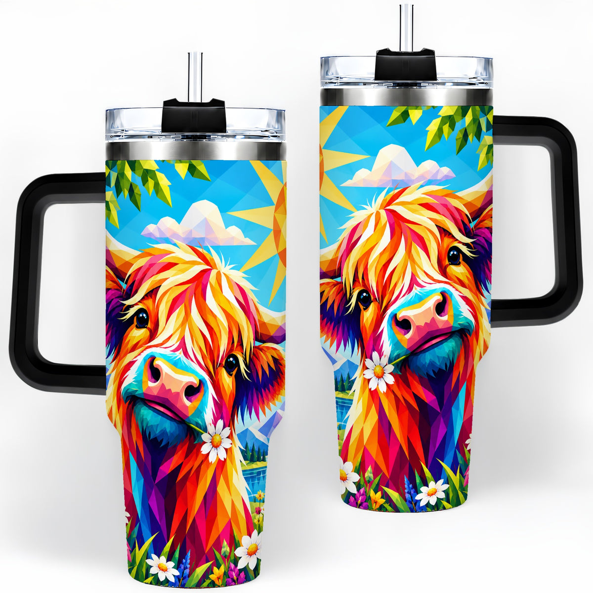 #pl[40oz|Black] Colorful Highland Cow 40oz Tumbler, Alpine Floral Farm Animal Art