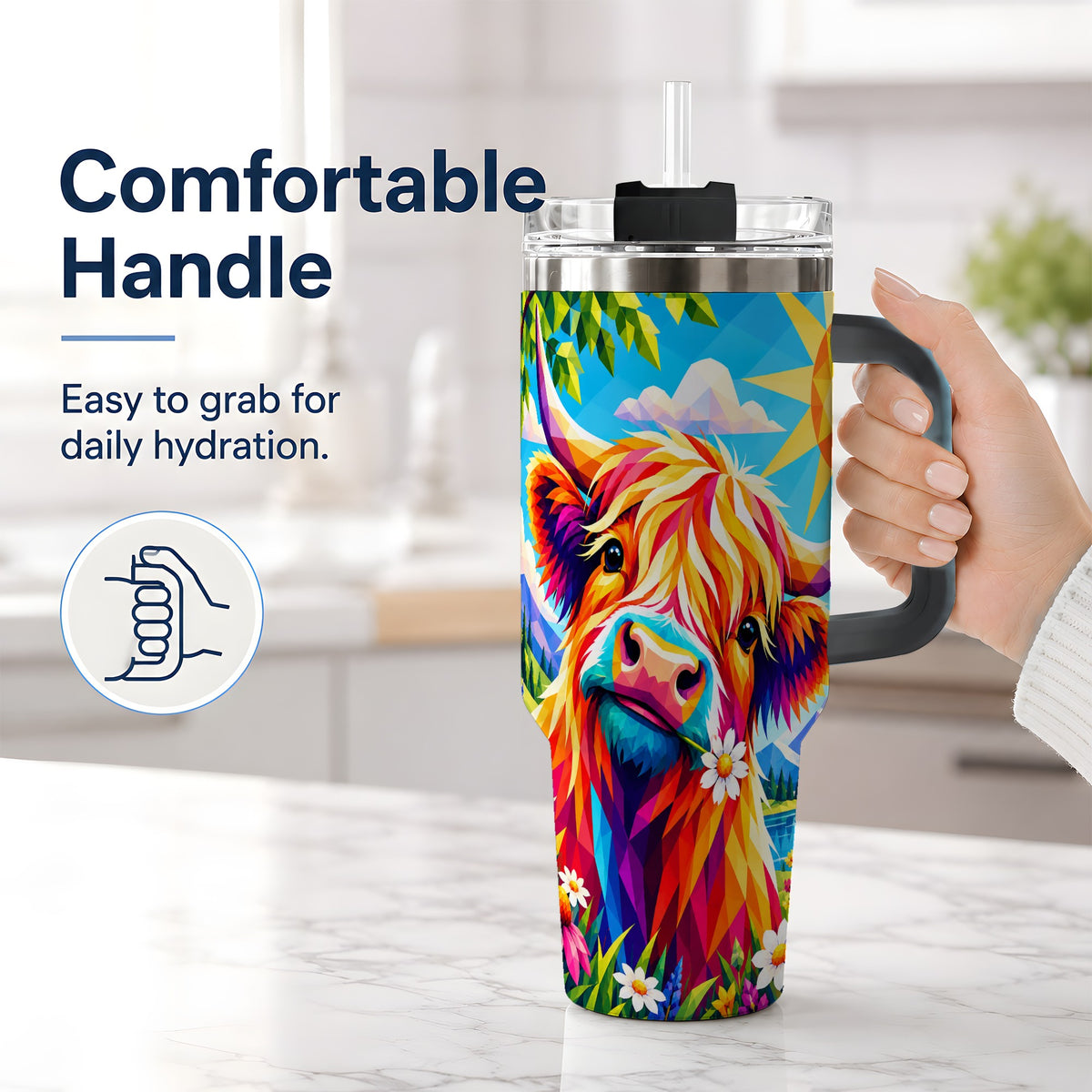 #pl[40oz|Black] Colorful Highland Cow 40oz Tumbler, Alpine Floral Farm Animal Art