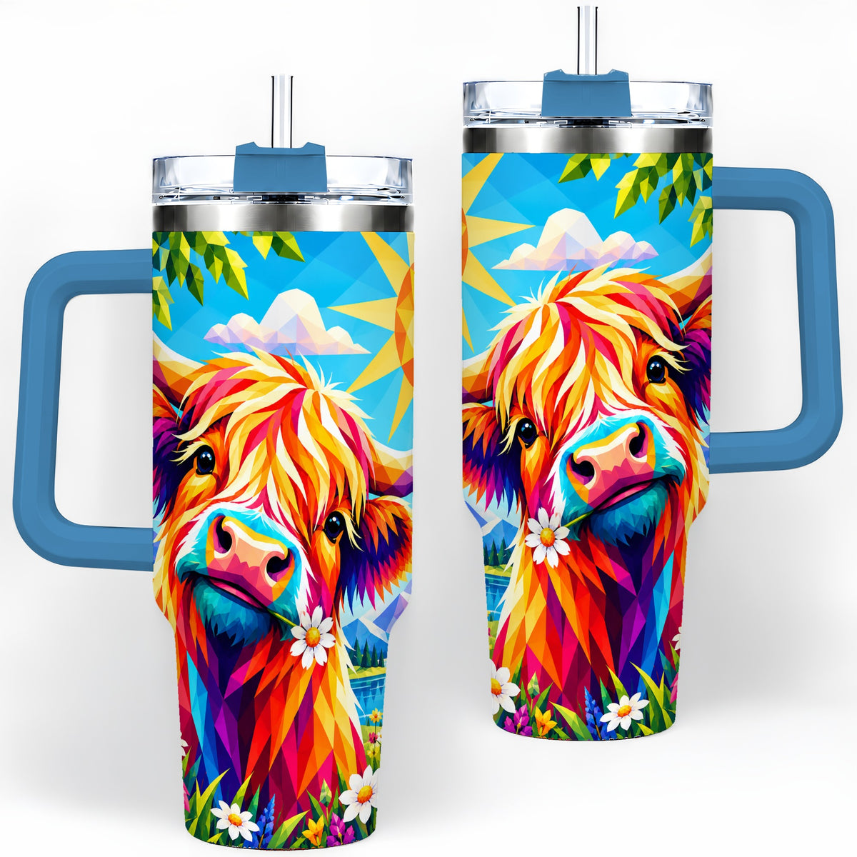 #pl[40oz|Blue] Colorful Highland Cow 40oz Tumbler, Alpine Floral Farm Animal Art
