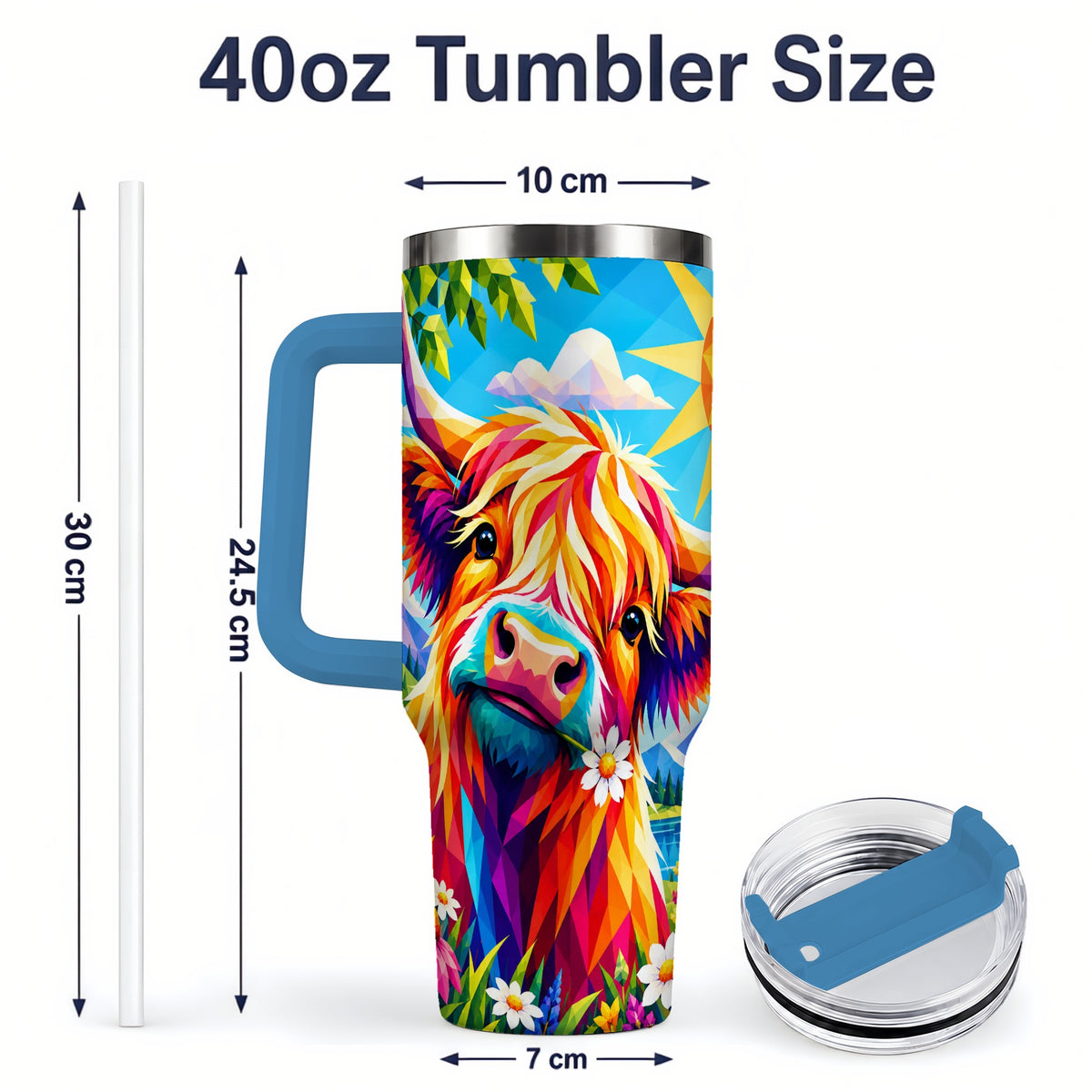 #pl[40oz|Blue] Colorful Highland Cow 40oz Tumbler, Alpine Floral Farm Animal Art