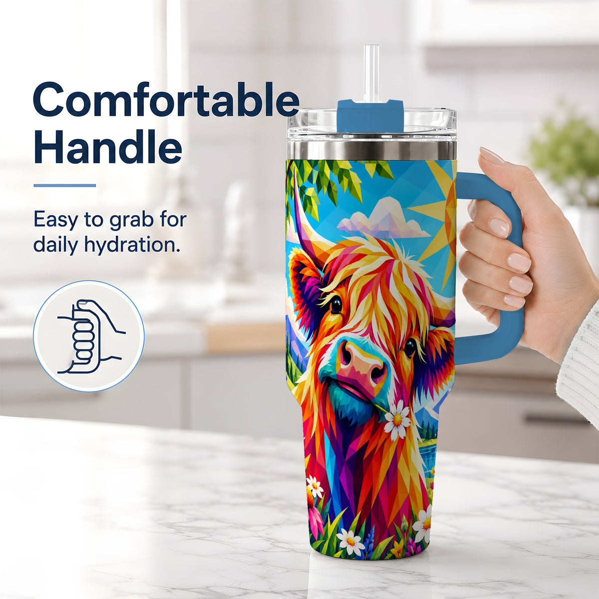 #pl[40oz|Blue] Colorful Highland Cow 40oz Tumbler, Alpine Floral Farm Animal Art