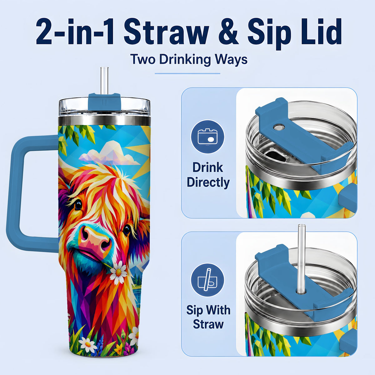#pl[40oz|Blue] Colorful Highland Cow 40oz Tumbler, Alpine Floral Farm Animal Art
