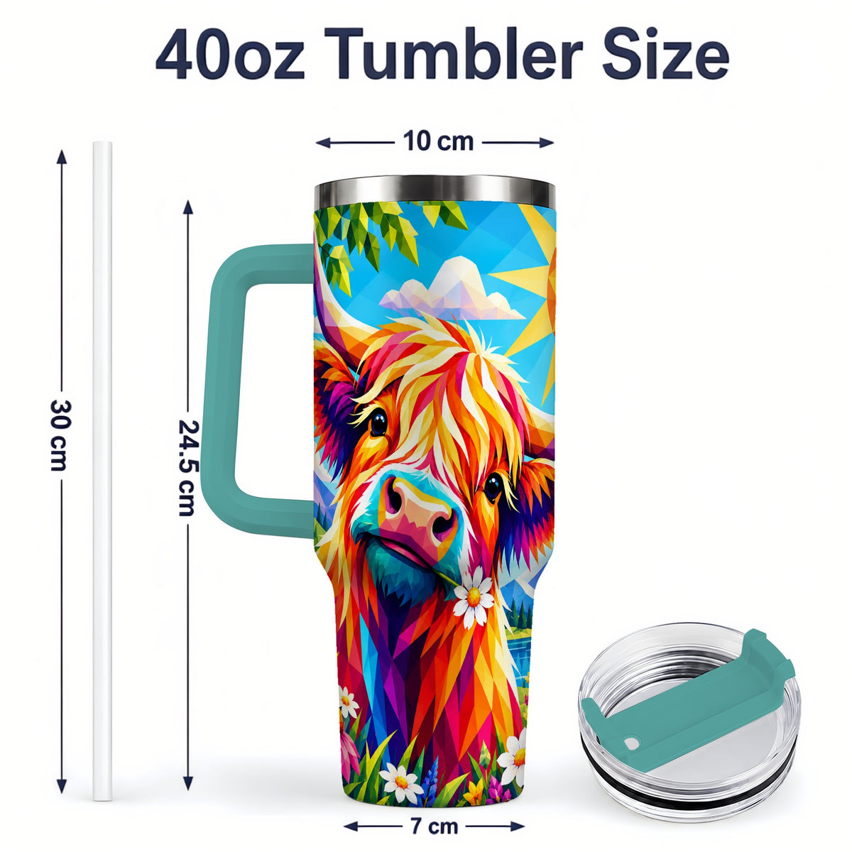 #pl[40oz|Green] Colorful Highland Cow 40oz Tumbler, Alpine Floral Farm Animal Art