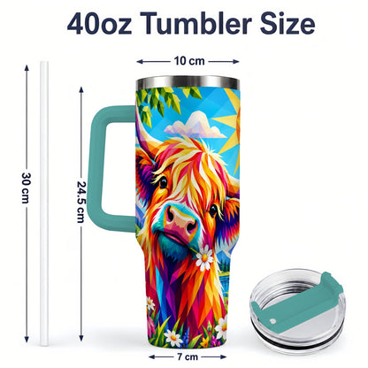 #pl[40oz|Green] Colorful Highland Cow 40oz Tumbler, Alpine Floral Farm Animal Art