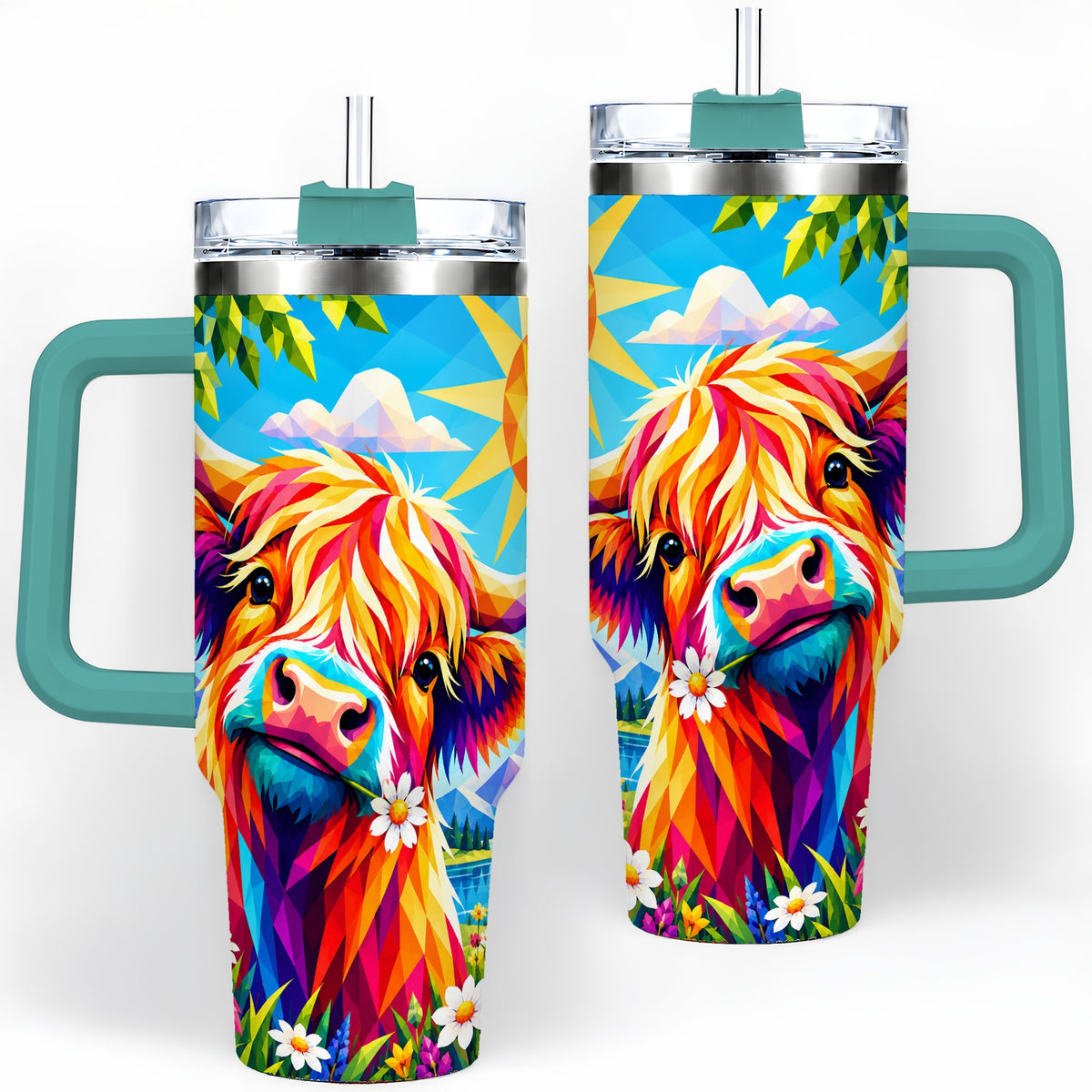 #pl[40oz|Green] Colorful Highland Cow 40oz Tumbler, Alpine Floral Farm Animal Art