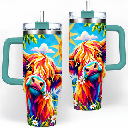 #pl[40oz|Green] Colorful Highland Cow 40oz Tumbler, Alpine Floral Farm Animal Art