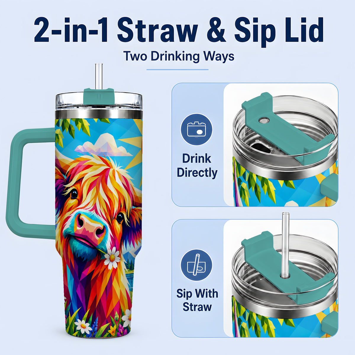 #pl[40oz|Green] Colorful Highland Cow 40oz Tumbler, Alpine Floral Farm Animal Art