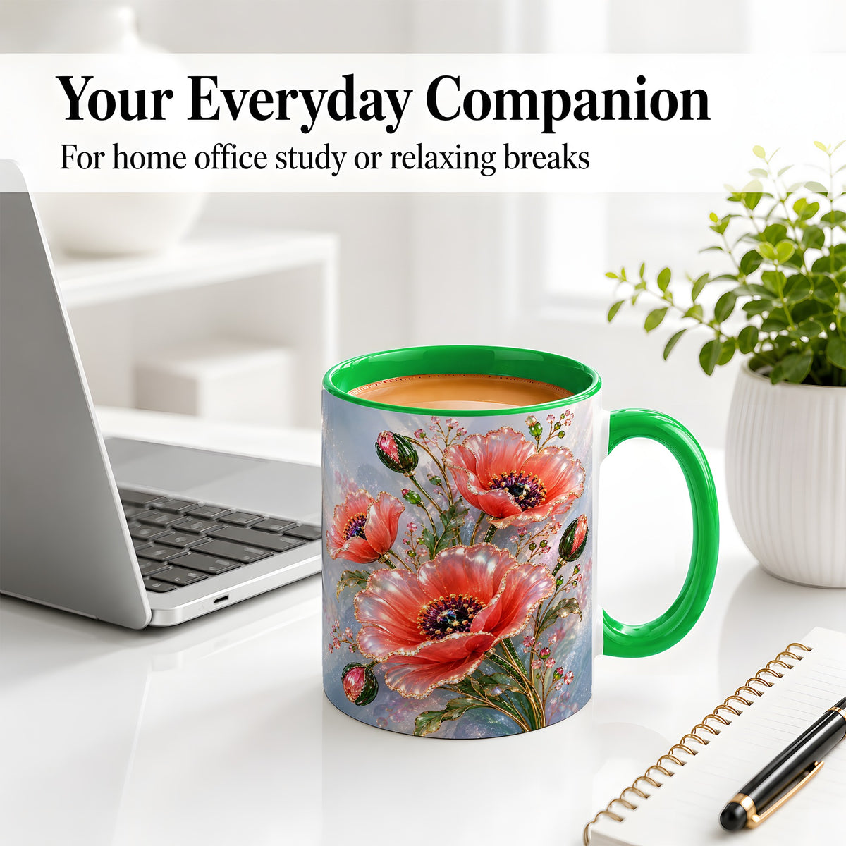 #pl[11oz|Green] Coral Poppy Ceramic Mug, Sparkling Floral Botanical Art