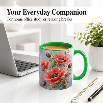 #pl[11oz|Green] Coral Poppy Ceramic Mug, Sparkling Floral Botanical Art