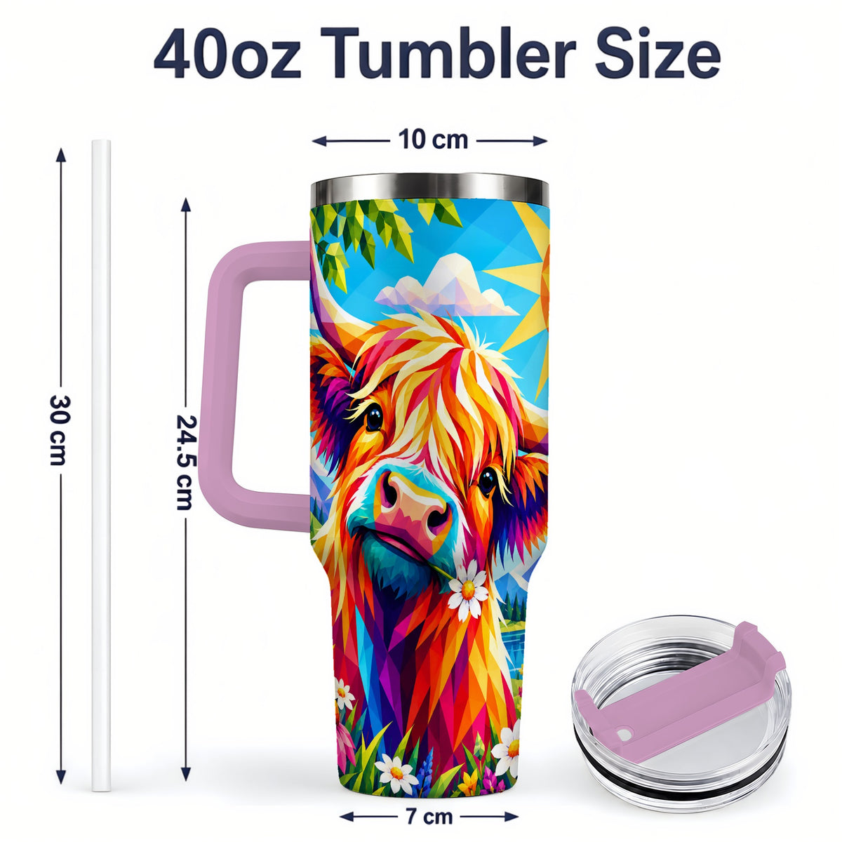 #pl[40oz|Pink] Colorful Highland Cow 40oz Tumbler, Alpine Floral Farm Animal Art