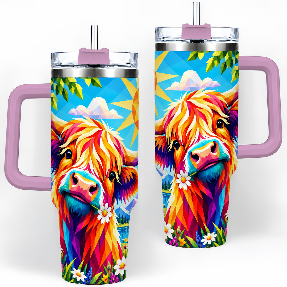 #pl[40oz|Pink] Colorful Highland Cow 40oz Tumbler, Alpine Floral Farm Animal Art