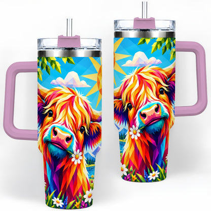 #pl[40oz|Pink] Colorful Highland Cow 40oz Tumbler, Alpine Floral Farm Animal Art