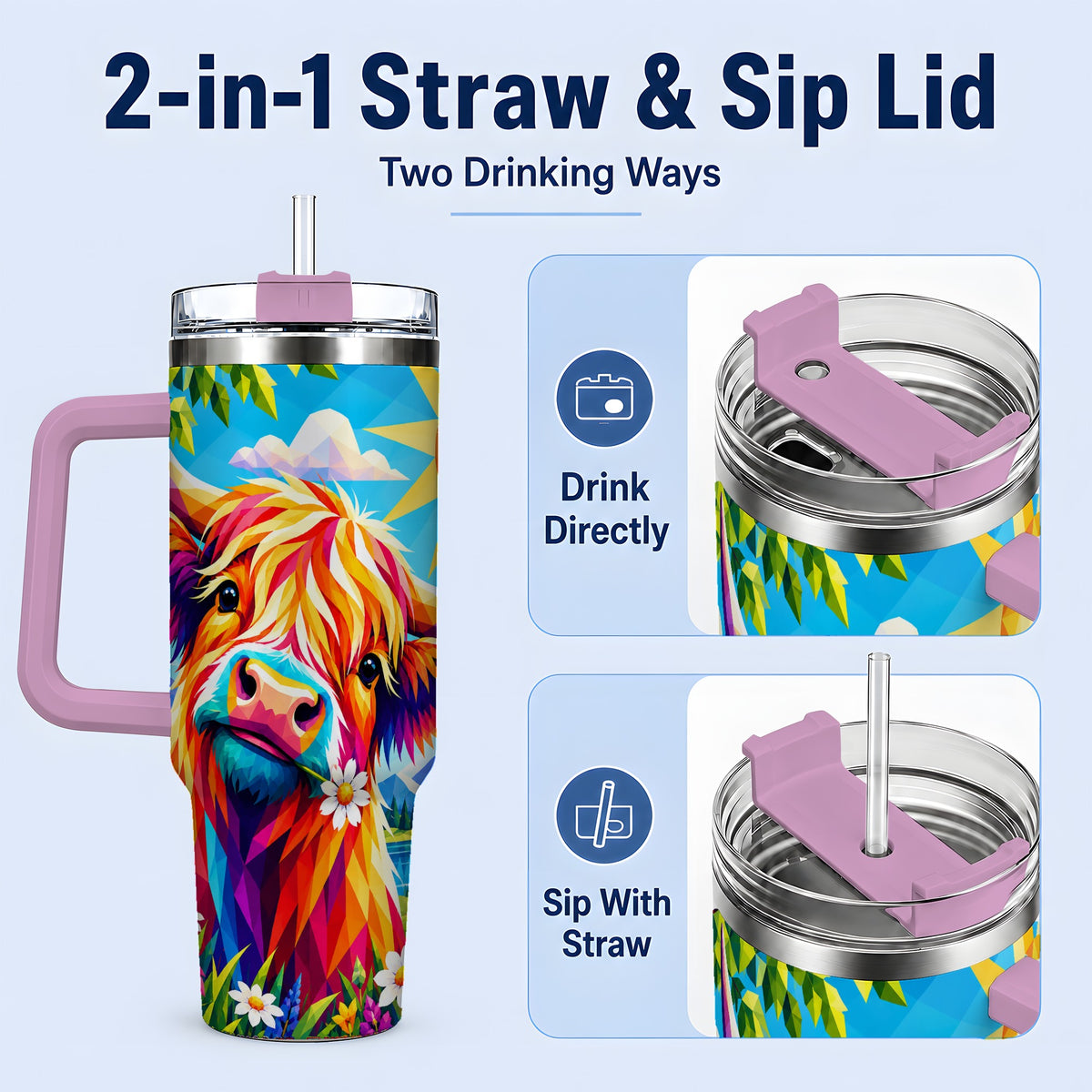 #pl[40oz|Pink] Colorful Highland Cow 40oz Tumbler, Alpine Floral Farm Animal Art
